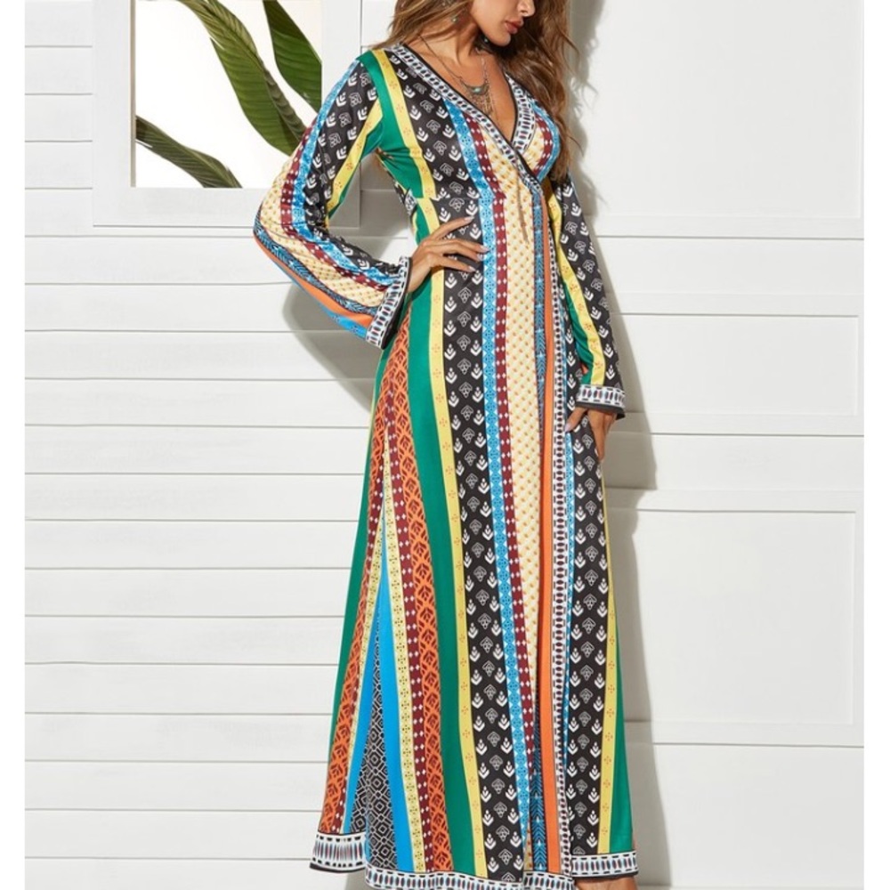 GREEN STRIPE SURPLICE MAXIDRESS